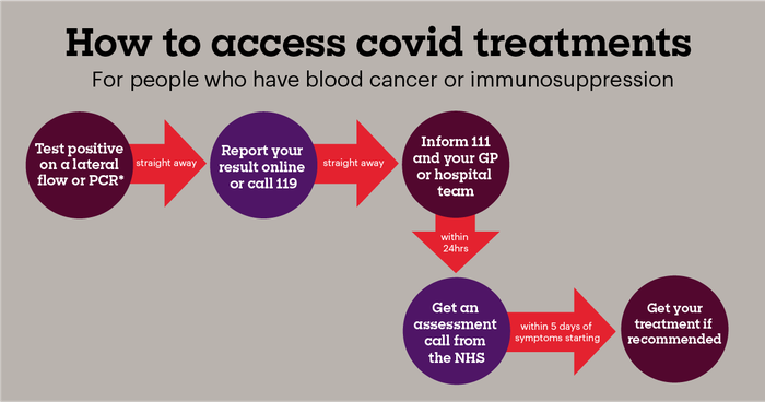 Graphic showing how to access covid treatment for people with blood cancer or immunosuppression:
1 Test positive on a government supplied lateral flow or PCR
2 Report your result online or call 119 straight away
3 Inform 111 and your GP or hospital team straight away
4 Get an assessment call form the NHS within 24 hours
5 Get your treatment, if recommended, within 5 days of symptoms starting