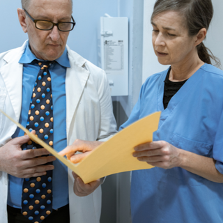 A nurse consults with a doctor over a report