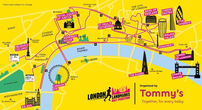 The route map for the London Landmarks Half Marathon 2022, from Pall Mall in Westminster to Tower of London.